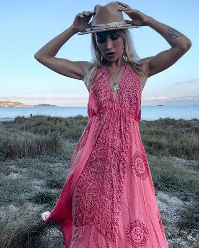 Bodenlanges indischen Damen Kleid - Luftig und leichtes Hippie Boho Kleid mit indischen Zeichen und Om Symbol