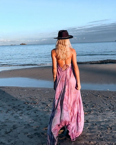 Maxikleid Bodenlang zum binden auf der Rueckseite - Indisches Boho Hippie Kleid mit Om Zeichen - Luftig leichtes Damen Sommer Kleid