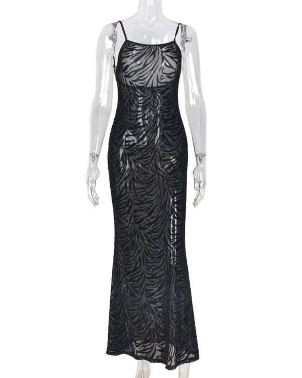 Transparentes schwarzes langes Kleid mit Zebra Muster - Bodenlanges Damen Kleid kaufen
