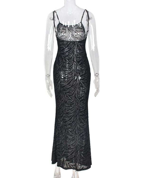 Schwarzes Rueckenfreies elegantes Damen Kleid mit Zebra Muster - Mesh transparentes Kleid 