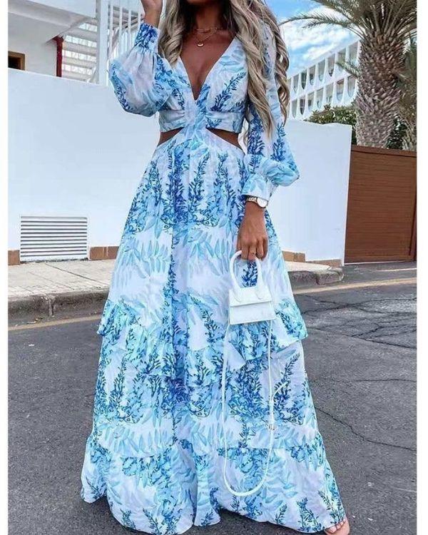 Weiss Blaues Damen Kleid Elegant und V-Ausschnitt - Langarm Dame Maxikleid Fashion Just Style