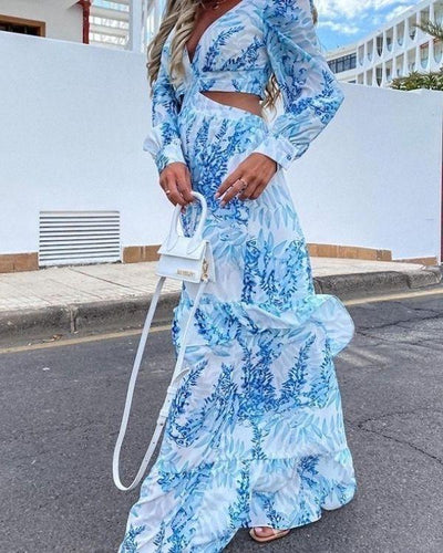Elegantes Ruffeld Damen Maxikleid mit tropischen Pflanzen Symbolen