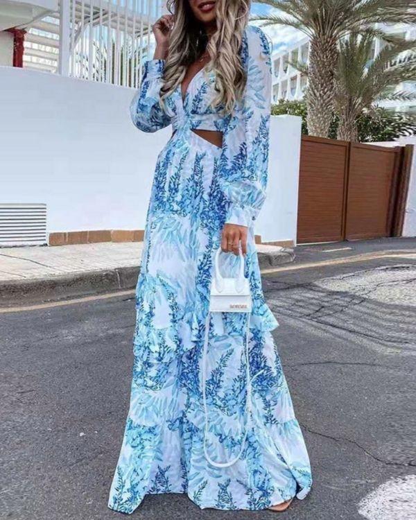 Maxikleid Damen - Sommer Boho Damen Kleid in weiss blau mit tropischen Pflanzen Blumen Symbolen