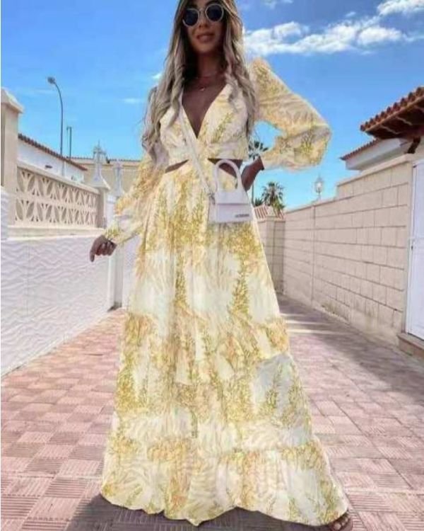 Elegantes gelbes Damen Boho Kleid Maxi Kleid - Lange Damen Kleider kaufen