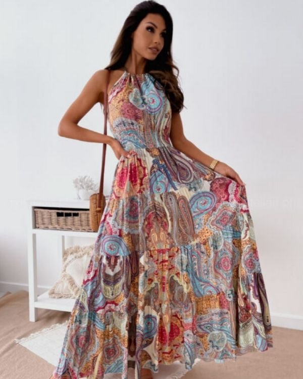 Damen Maxikleid mit Paisley Mustern in allen Farben - Boho Hippie Damen Kleid zum binden am Nacken 