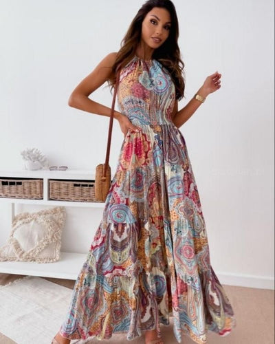 Bodenlanges Boho Damen Sommerkleid - Farbiges Kleid mit Paisley Mustern 