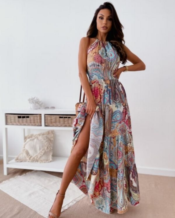 Damen Sommerkleid mit farbigen Paisley - Neckholder Damen Ibiza Boho Style Kleid 