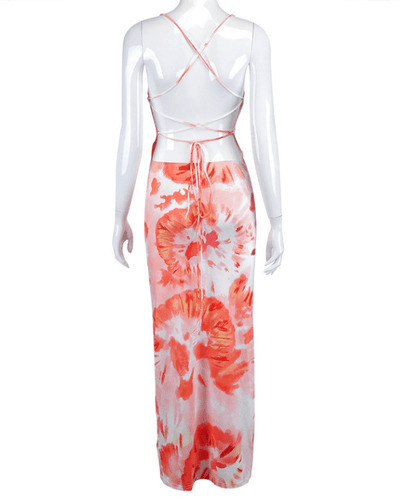 Rückenfreies Damen Sommerkleid Maxi lang mit orange weissem Batik Boho Muster