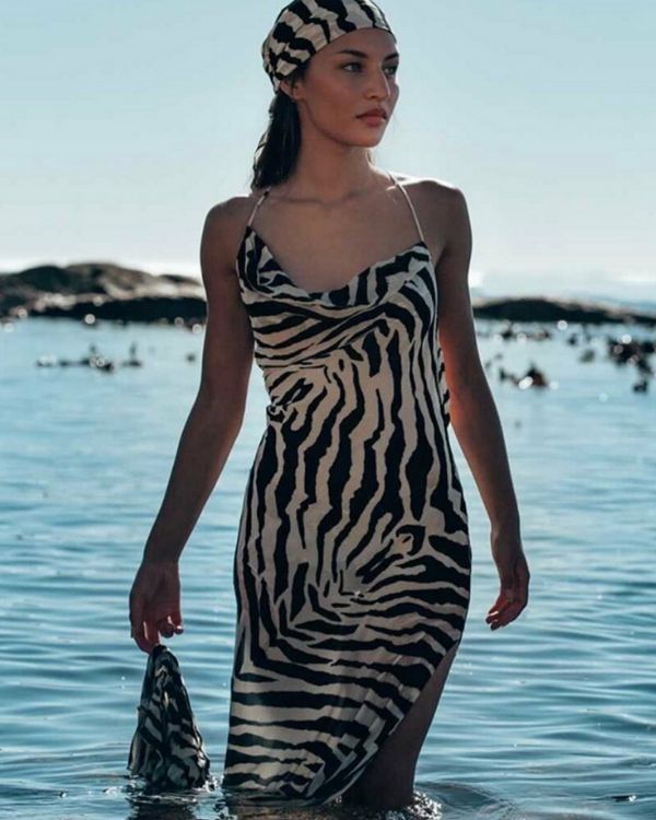 Damen Sommer Kleid Bodenlang - Rueckenfreies Damen Zebra Print Kleid 