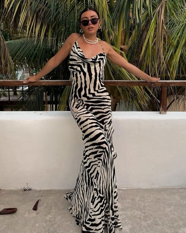Zebra Muster Damen Kleid mit Spaghetti Traegern und offenem Ruecken 