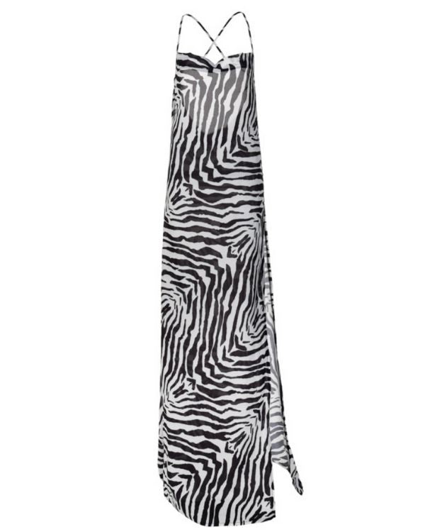 Langes Damen Sommerkleid mit Zebra Print in schwarz weiss und Spaghetti Treagern 