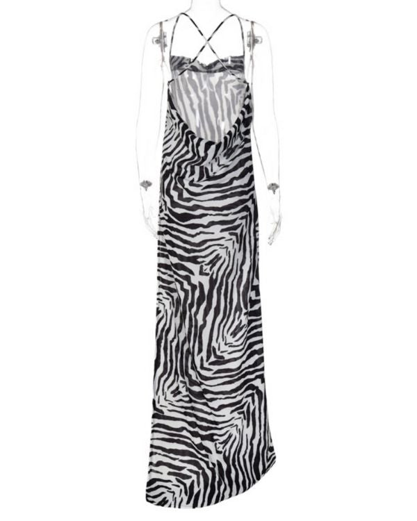 langes Rueckenfreies Damen Kleid mit Spaghetti Traegern - Zebra Sommerkleid Abendkleid Bodenlang 