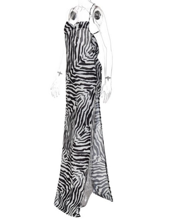 Bodenlanges Damen Kleid mit Schlitz auf der Seite und Zebra Print 