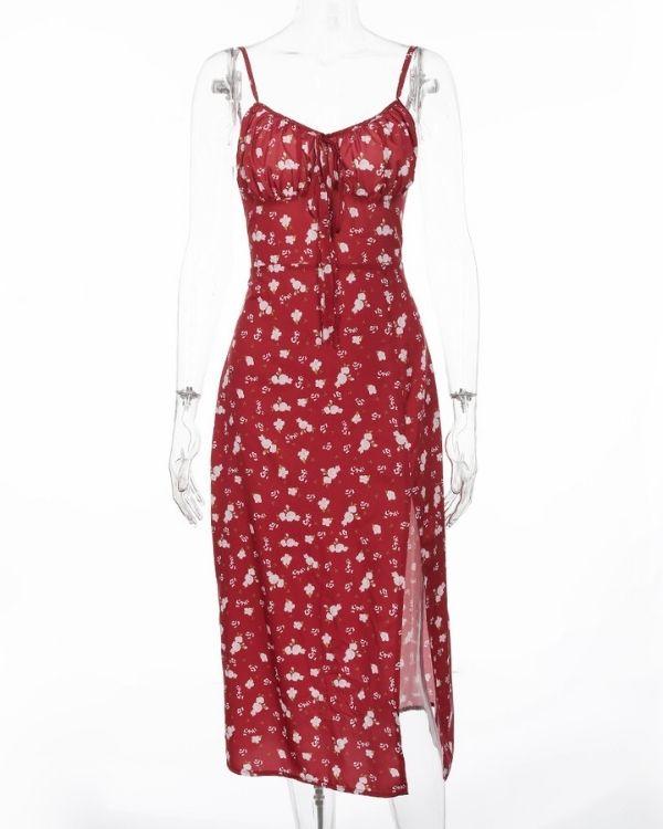 Bordeaux Damen Kleid Halb lang mit Blumen Motiven