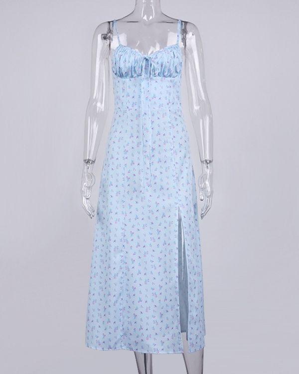 Boho Damen Maxidress Kleid mit Blumen Mustern und Schlitz auf der Seite