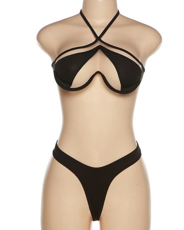 Schwarzes Bikini Set mit Bandeau Neckholder Cut-Out Mesh Oberteilo 
