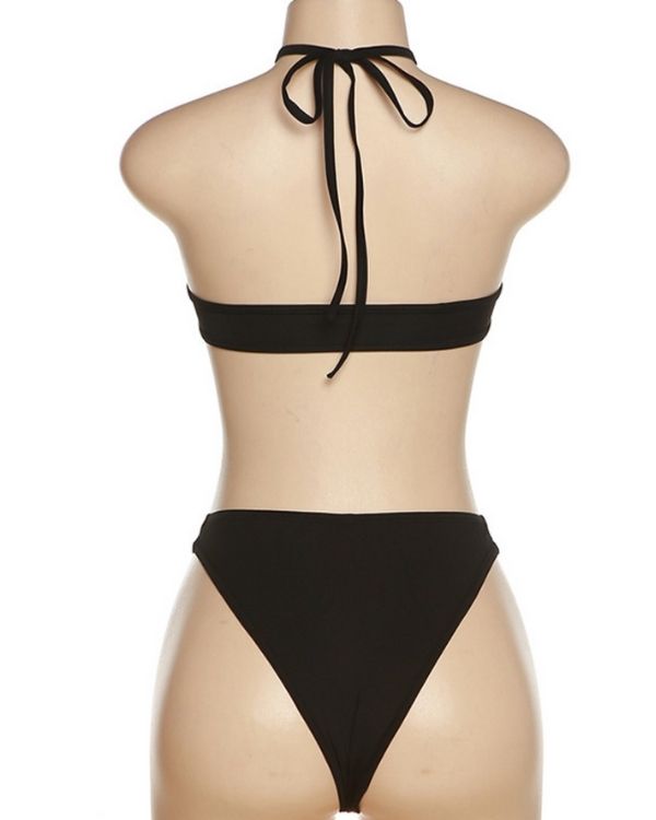 schwarzes Damen Bikini Set mit Bandeau Oberteil 