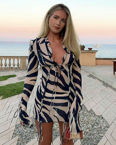 Mesh Zebra Ruffle Kleid mit langen Aermeln und Schnur zum binden - Animal Print Zebra Dress Kleid mit Ausschnitt 