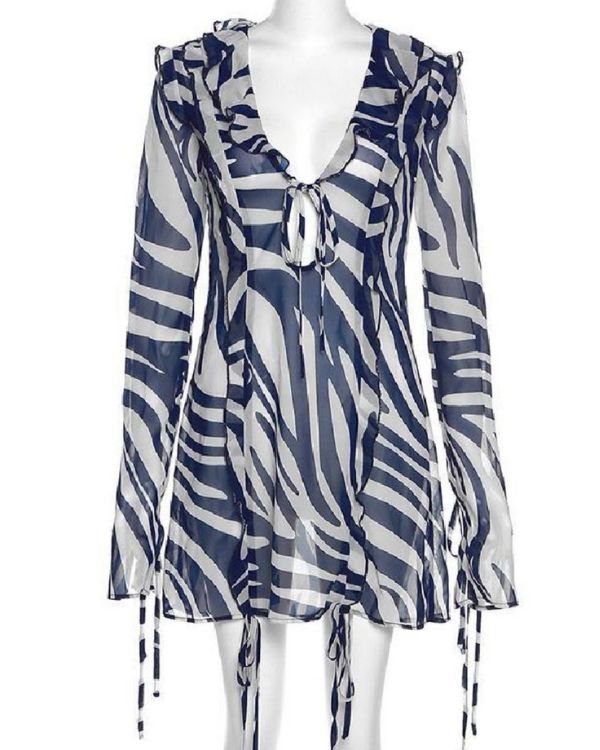 Ruffle Mesh Kleidchen Damen - Transparentes Zebra Print Kleid mit langen Aermeln und Ruffle Effekt