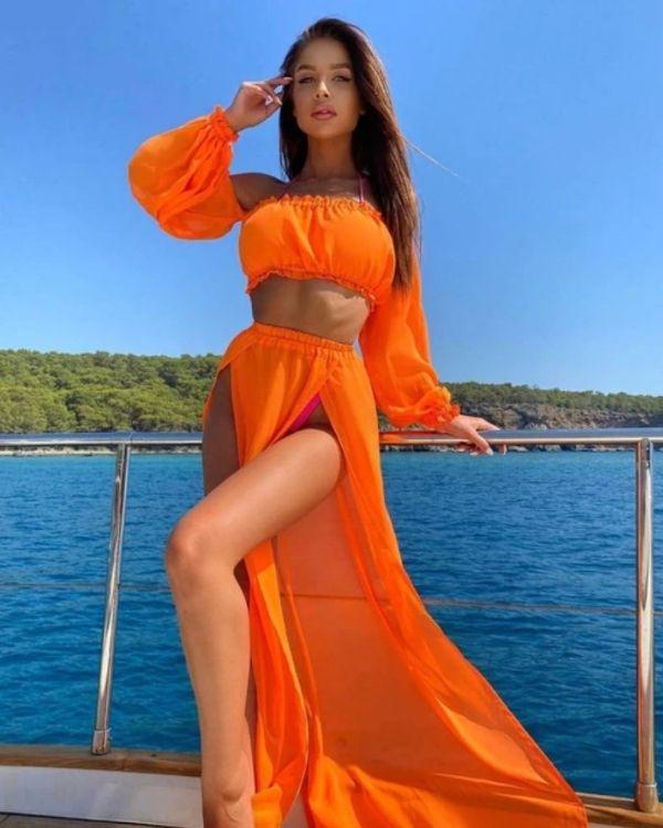 Oranges Zweiteiler Set Zweierset mit langem Rock Schlitz auf den Seiten und Crop Top Schulterfrei - Festival Party Sommer Look