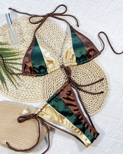 High-Waist Bikini Set aus Triangel Oberteil und sexy Bikinihose im Metallic Glanz Effekt 