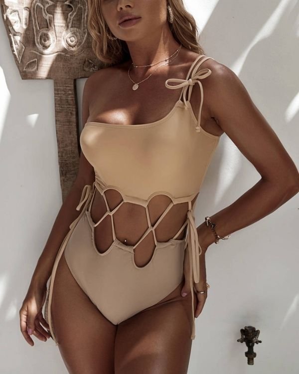 Elegantes Damen Monokini Badeanzug Einteiler mit Cut-Outs und Schnuerung 