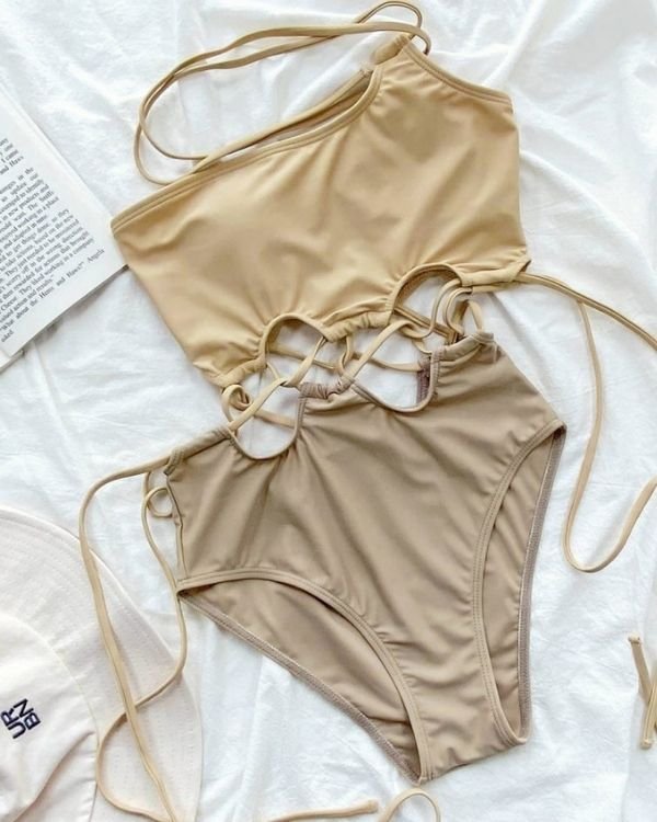 Beige Khaki Badeanzug Monokini mit Schnuerung und Cut-Outs 