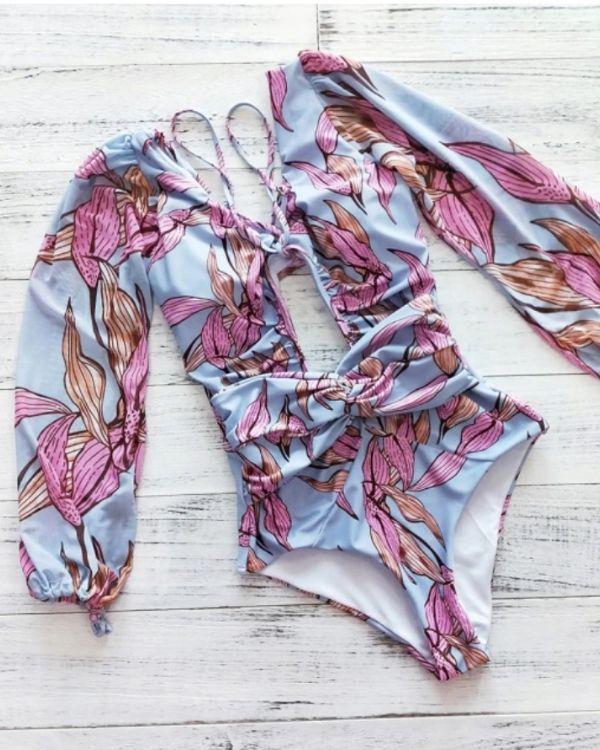 Eleganter Damen Badeanzug Monokini Floral Print langarm