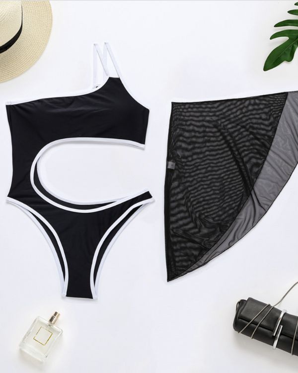 Schwarzer Damen Badeanzug mit transparentem Rock Tuch