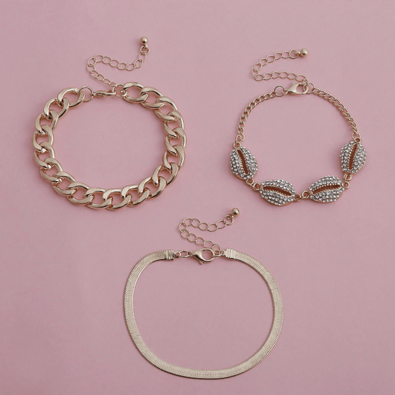 3er Armketten Set Damen - Gliederkette Schlangenkette und Muschelkette