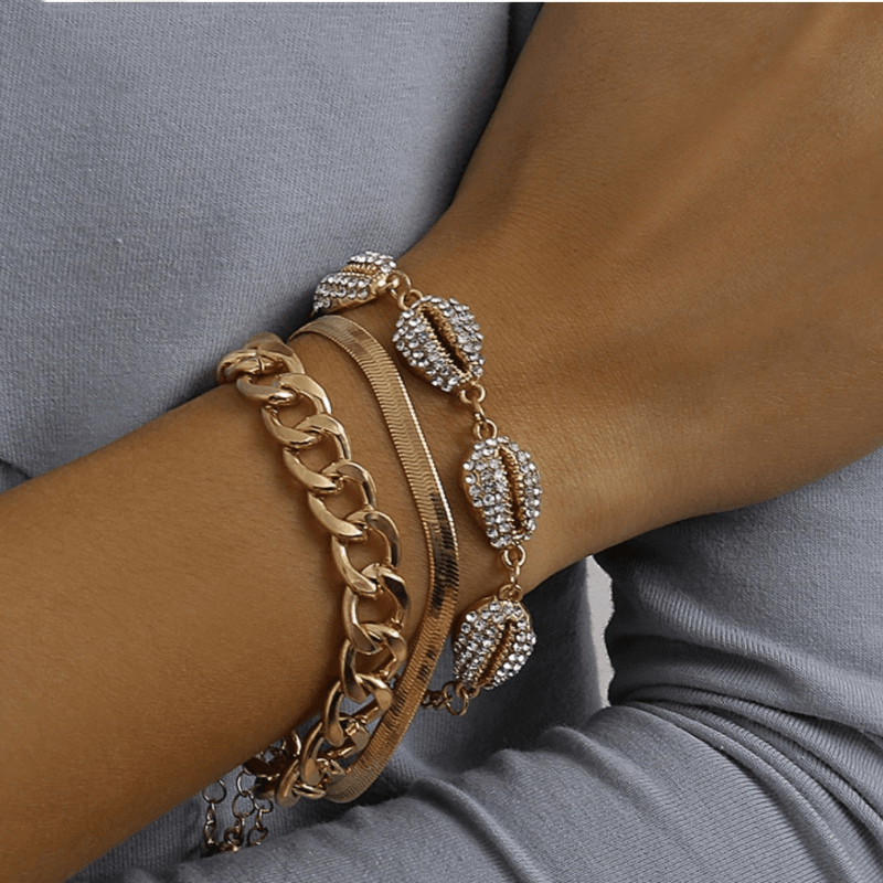 Multi Armketten Set Armband Damen gold - Goldene Armbänder mit Glitzer Muscheln