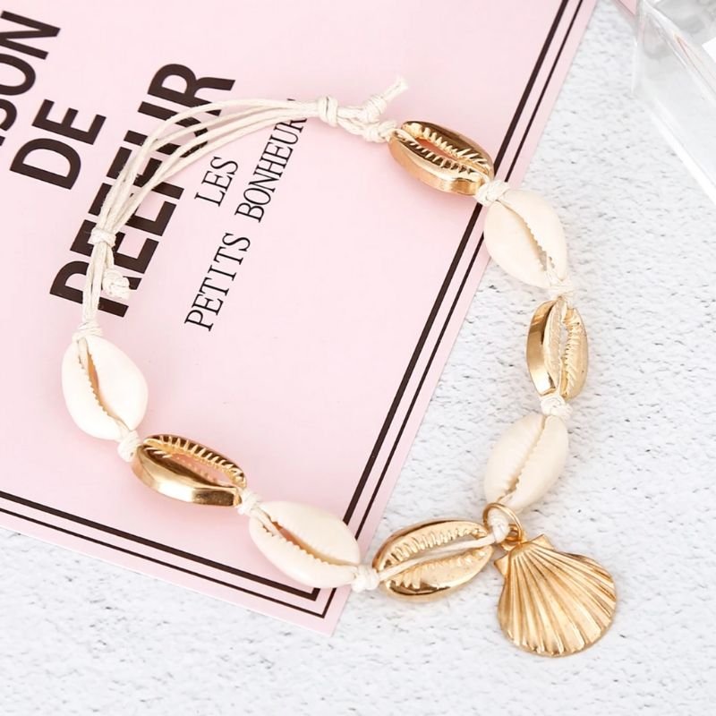 Muschel Fussketten mit weissen und goldenen Muscheln - Einstellbare Kette Schmuck Online Shop