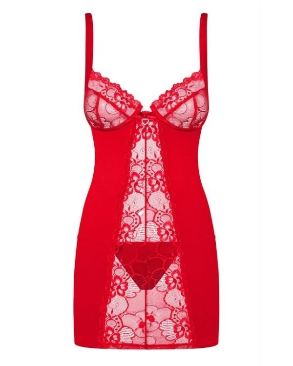 Rotes Negligé Kleid mit Spitzen, Blumen Mustern und passendem String Tanga
