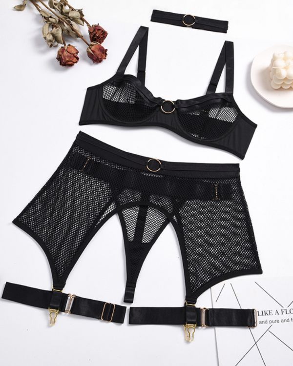 Dessous Lingerie Set aus Netzstoff, Choker, BH und Strapsen Halterung 