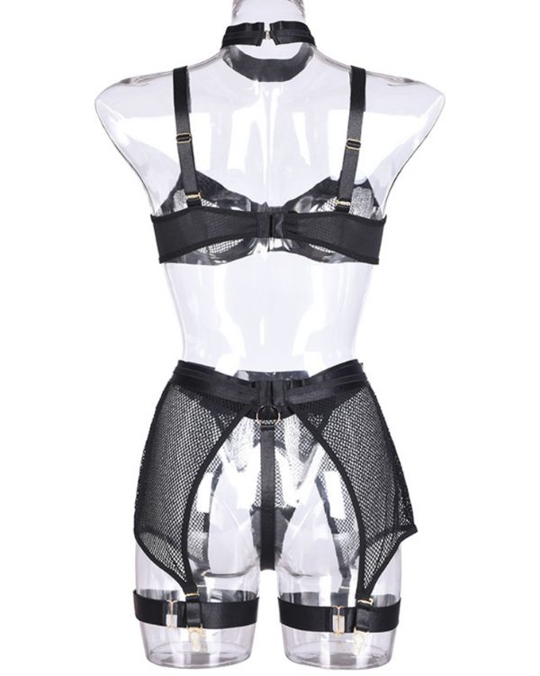 Erotisches Lingerie Dessous Set aus 4 Teilen - Choker, BH, String und Strapsen Halterung 