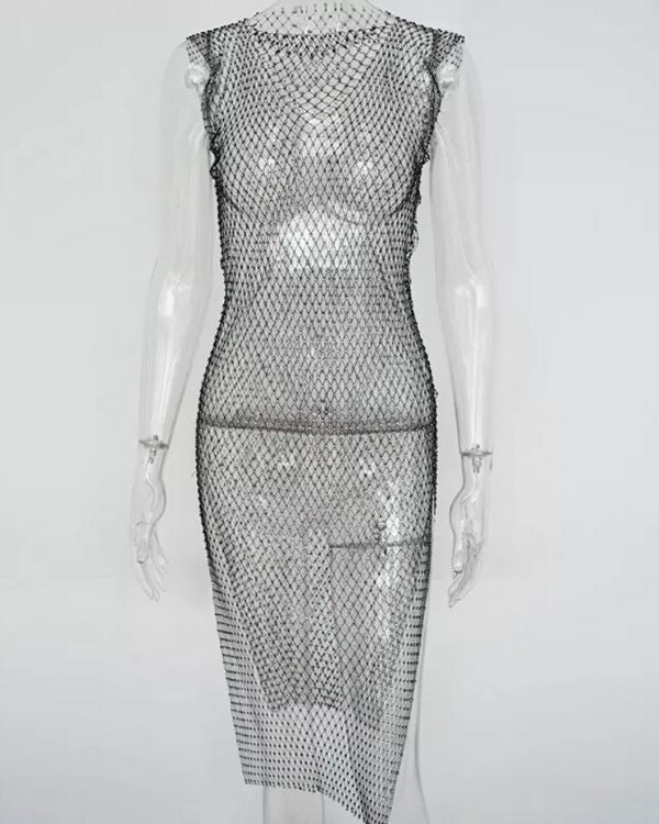 Schwarzes langes, aermelloses Netzkleid mit Glitzer - Damen Netz Party Kleid 