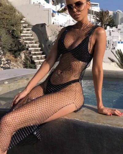 Schwarzes transparentes Netzkleid mit Glitzer Steinen 