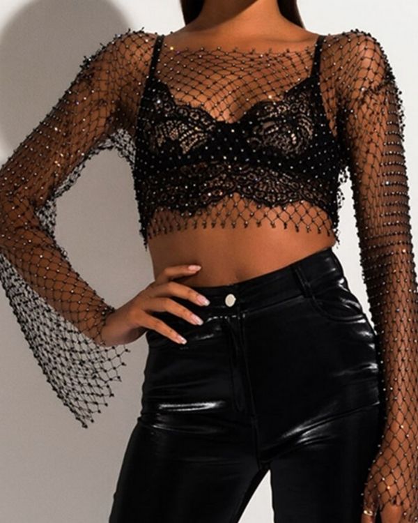 Schwarzes Netz Shirt mit Glitzer Steinen - Festival Kleidung Fashion