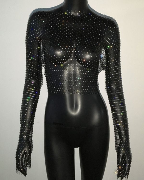 Festival Crop Top Netz Shirt in schwarz mit silbernen Glitzersteinen