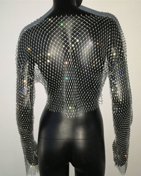 Langarm Netzshirt Netz Festival Crop Top Shirt 
