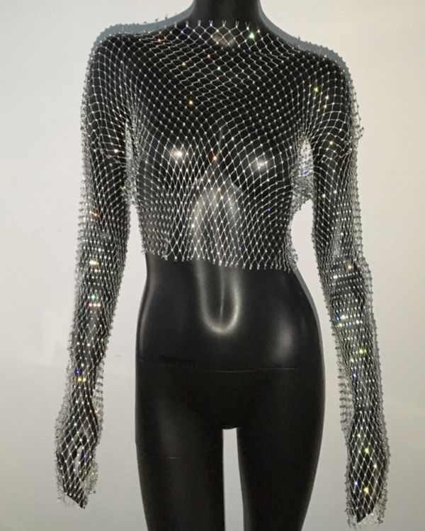 Silbernes Netz Shirt mit silbernen Glitzersteinen