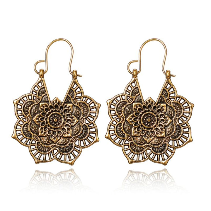 Goldene Bronze Mandala Boho Hippie Ohrringe mit Blumen Muster