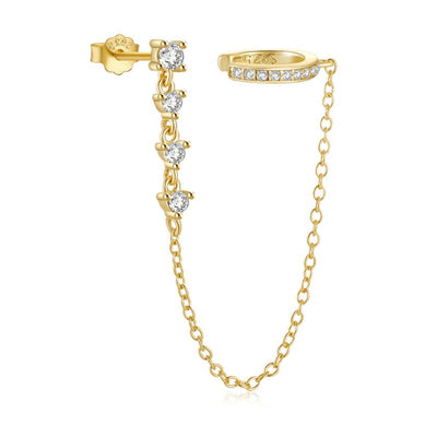 Goldener hochwertiger Ear-Cuff Ohrring mit Kette und Ring aus gold beschmueckt mit Zirconia Steinen