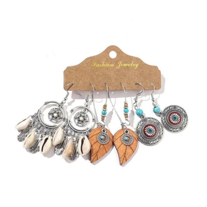 Hippie Style Ohrringe Set aus 3 diversen Ohrringen - Muschel, Federn und mehr Ethno Boho Symbole - Modeschmuck Ohrringe