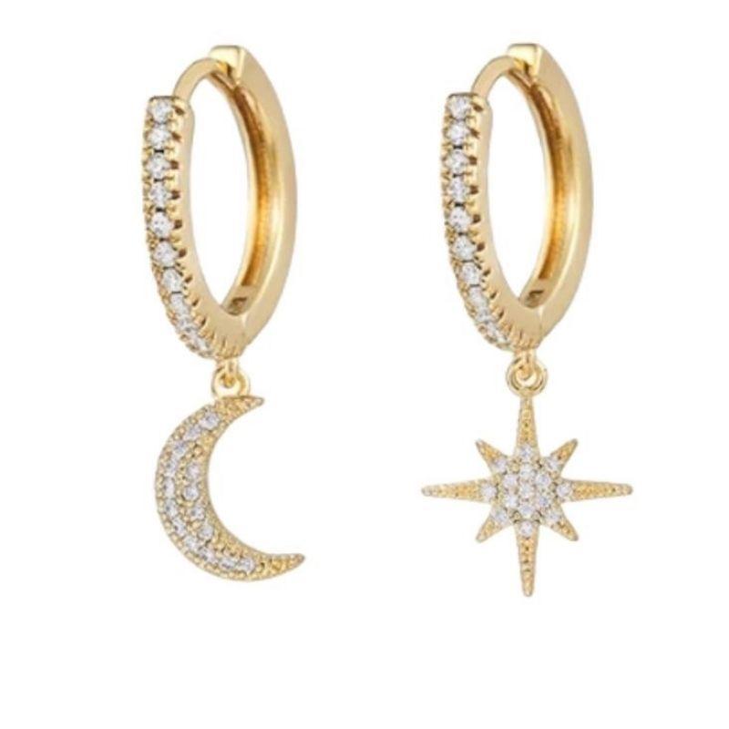 Goldene Mond und Stern Ohrringe aus Zirkonia Glitzer Steinen 