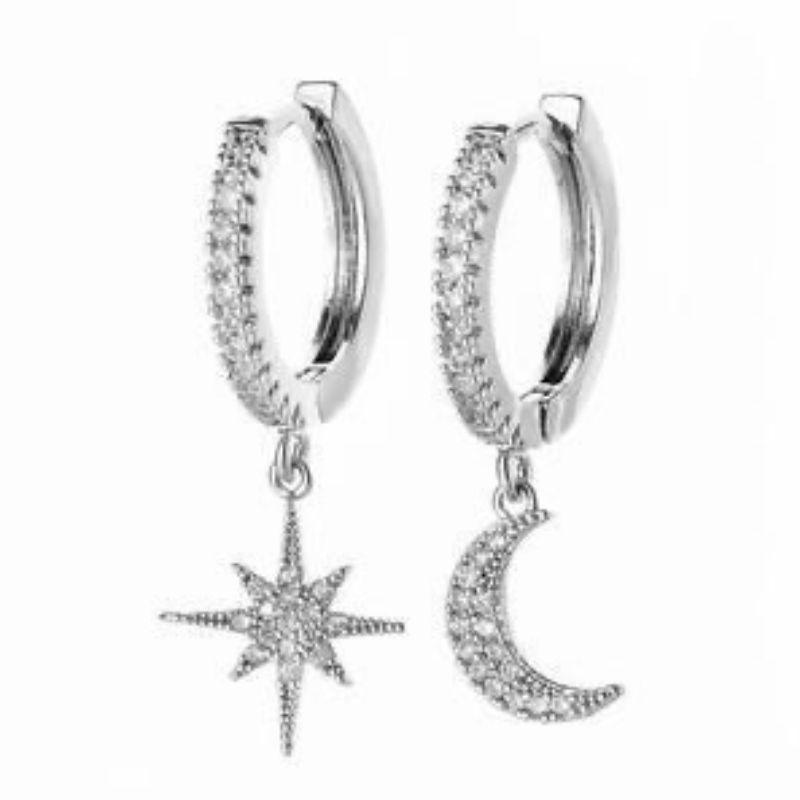 Silberne Zikronia Stern und Mond Ohrringe - Hochwertige 18k Platinum Ohrringe mit Meteoriten Stern