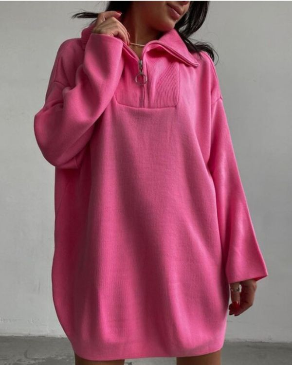 Pinker Rosa Damen Oversize Pullover Hoodie mit Kragen und Reissverschluss am Kragen