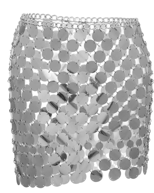 Silberner Rock aus runden Kunststoff Plaettchen im Disco Kugel Style