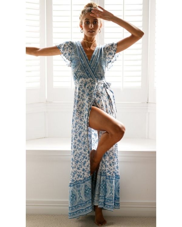 Damen Maxikleid Boho Fashion mit Paisley Mustern - weiss blaues Sommerkleid 