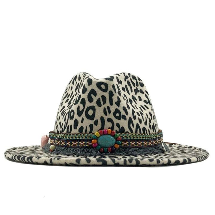 Strohhut Panamahut mit Leopard Mustern und Boho Hippie Band - Hut mit breiter Krempe und Feder Schmuck